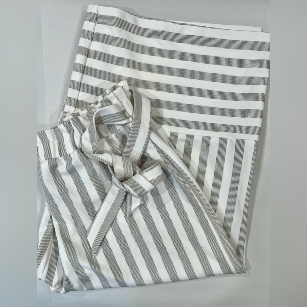 EST.1946 striped belted with elastic  paper-bag waist wide capri culottes pants